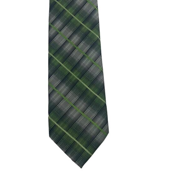 Van Heusen Mens Bright Green Gray Stripe Plaid Tie - Picture 2 of 4